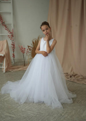 White Satin Tulle Flower Girl Dress Communion Dress